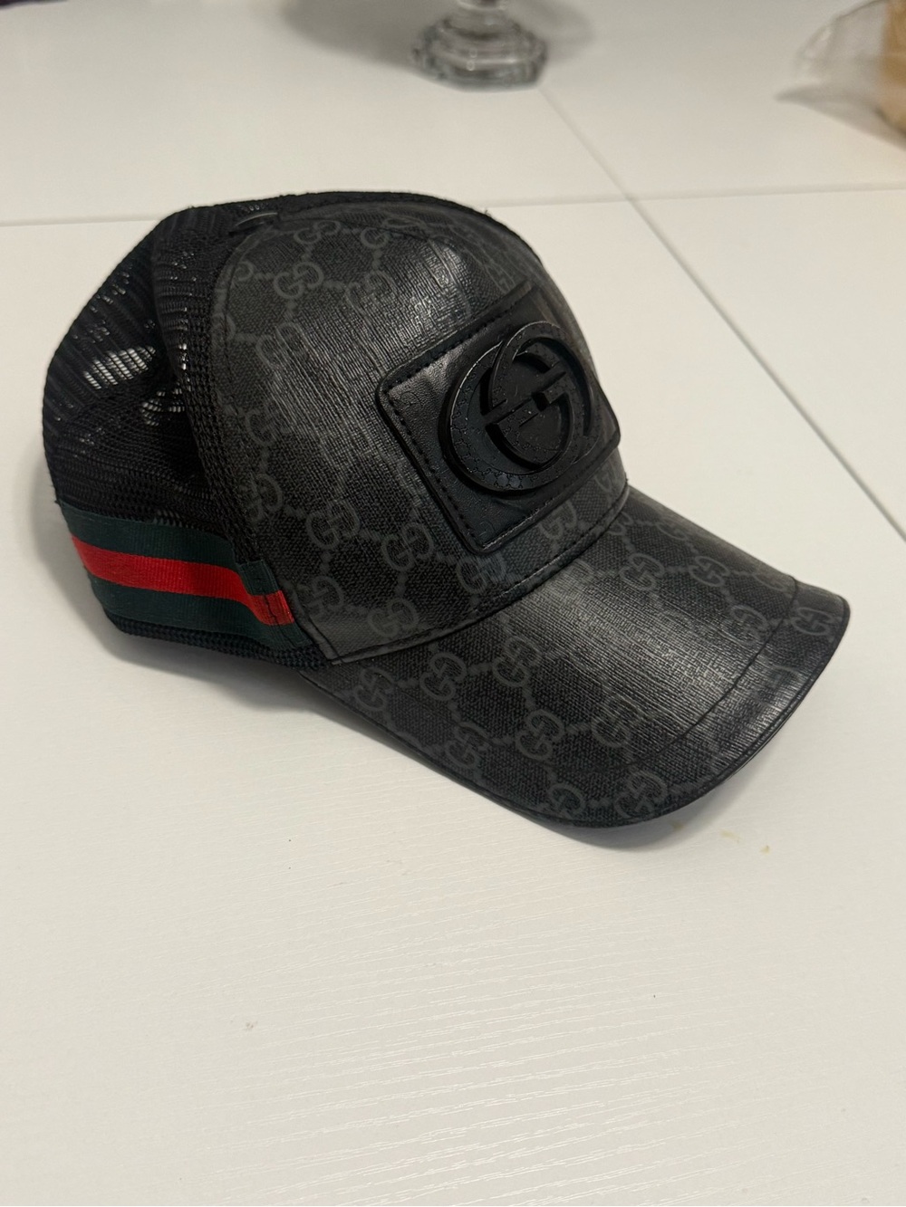Gucci Black Mesh Baseball Cap with Beige Logo Tab and Striped Trim